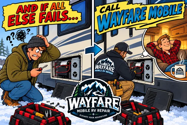 Comic: an RV owner in the snow, confused by his open furnace with tools everywhere, and if all else fails, a Wayfare Mobile RV Repair technician fixes the furnace while the owner relaxes warm inside with a hot drink.
