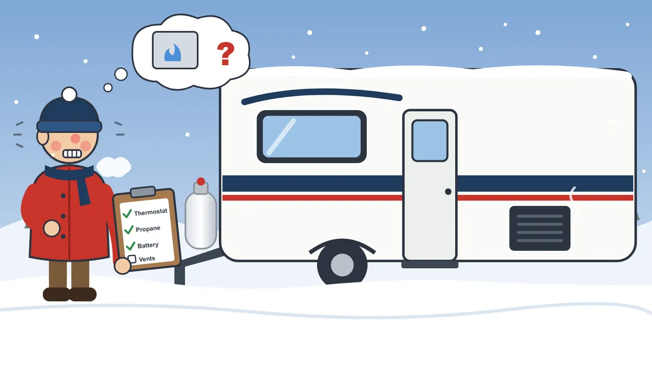 Cartoon of a cold RV owner in the snow beside a travel trailer, holding a checklist for thermostat, propane, battery, and vents, wondering why the furnace won't light.